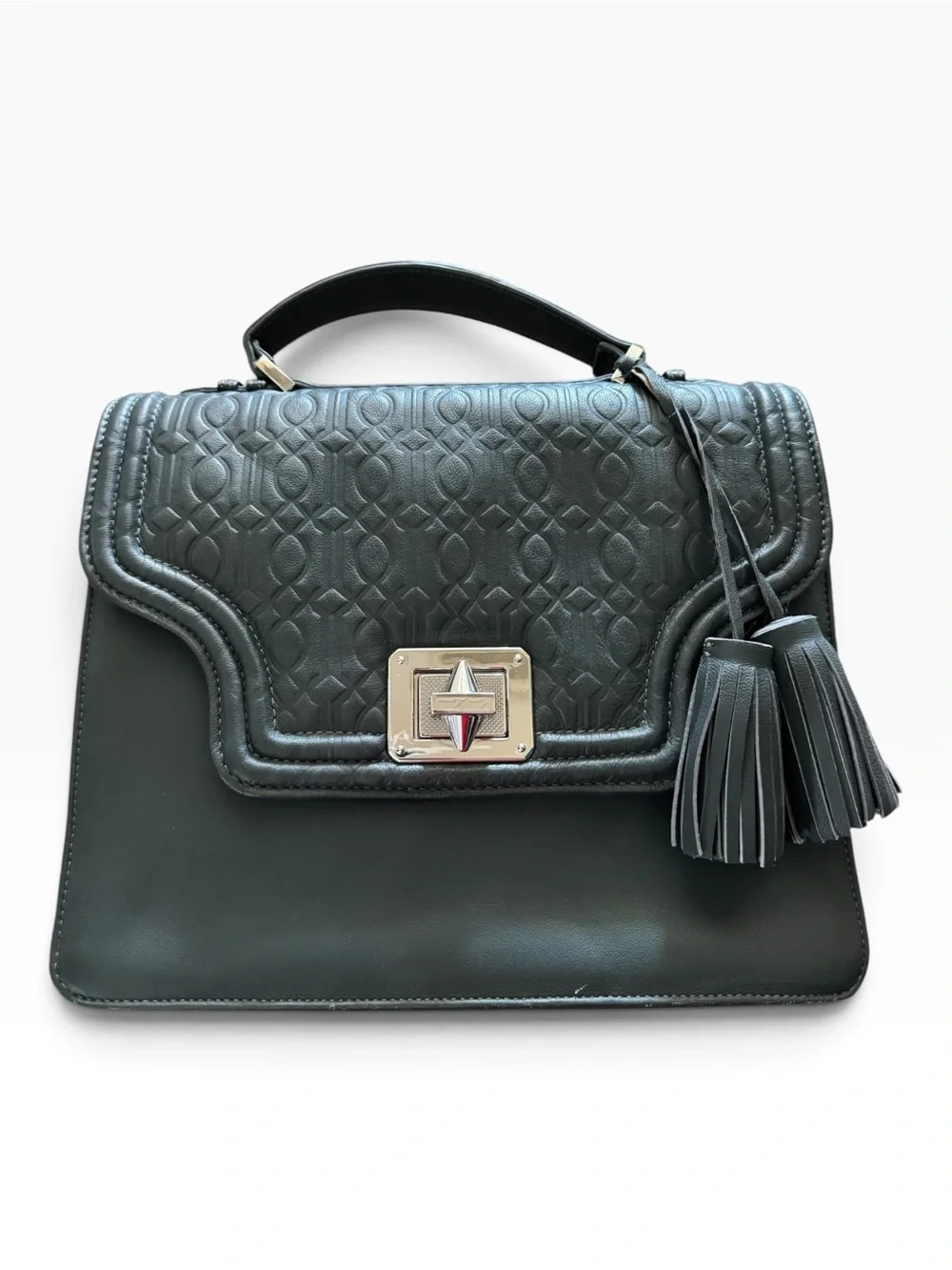 B Brian Atwood Black Monogram Embossed Top Handle Satchel Bag with Tassels